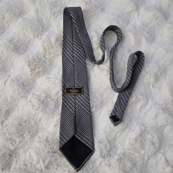 Fendi Men's Tie Hounds tooth Black Gray #080 - Picture 7 of 9